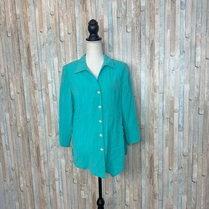 Fridaze L Teal 100% Linen Asymmetrical Button Down Shirt Blouse Top Lagenlook